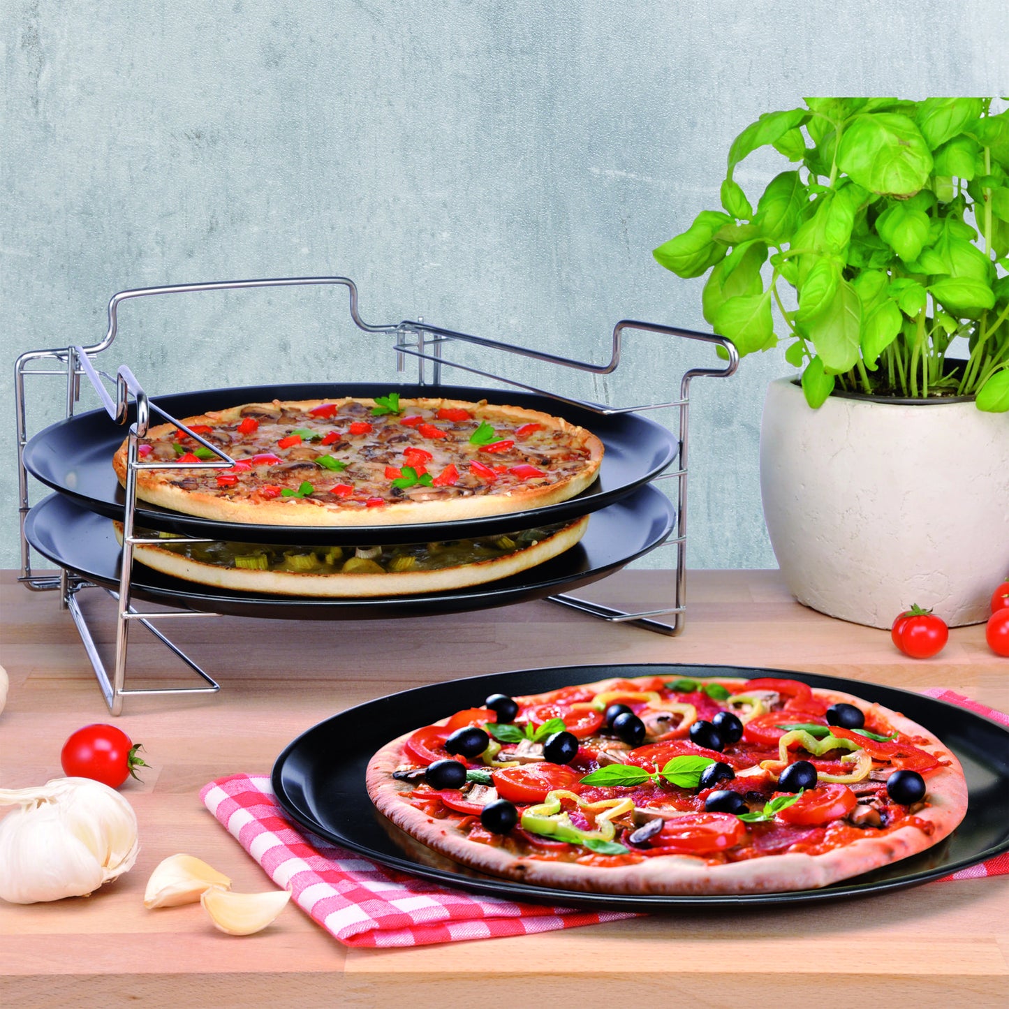 Pizzabackset 4tlg. mit Backofen-Aufsteller und 3 Backformen