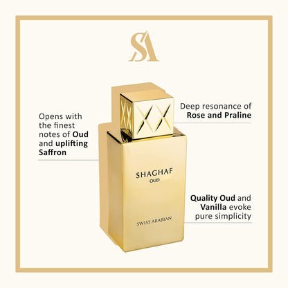 Shaghaf Oud Eau de Parfum 75mL Mouthwatering Gourmand Oud and Saffron Fragrance Long Lasting with Intense Sillage Cologne for Men and Perfume for Women by Oudh Artisan Swiss Arabian